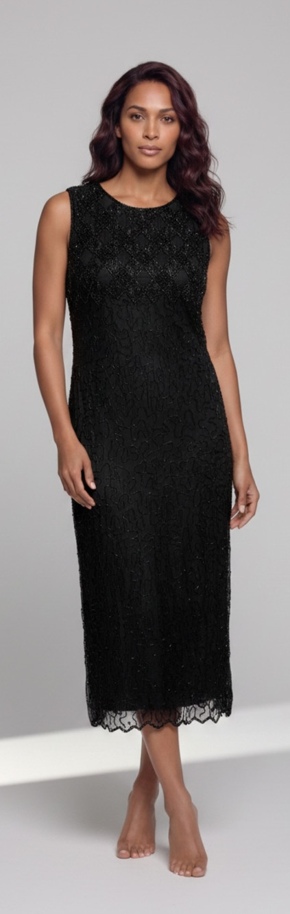 Laurence Kazar New York Vintage Black Beaded Silk Sleeveless Midi Dress